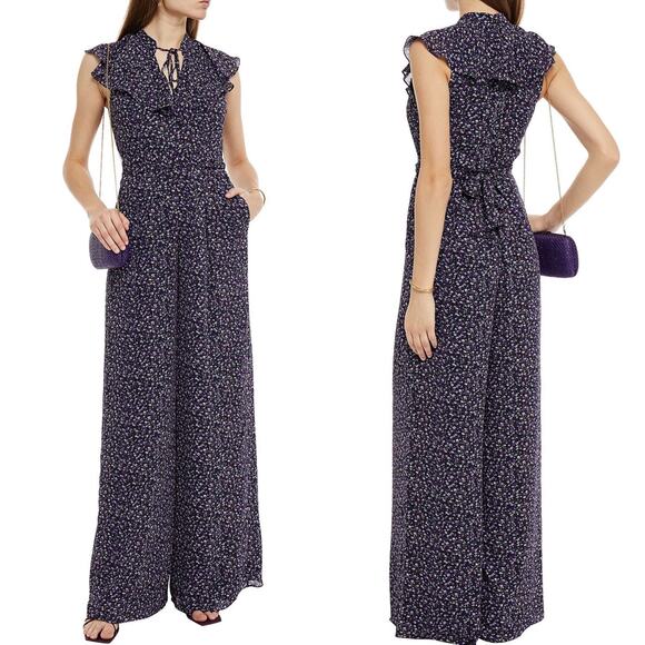 Mikael Aghal Belted Ruffled Floral Jumpsuit in Purple Size 6 - Picture 1 of 12